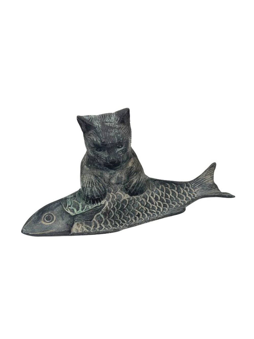 Vintage Bronze Cat Fish Pen Trinket Tray 8x4.75x3.5 Inches Decorative Sculpture